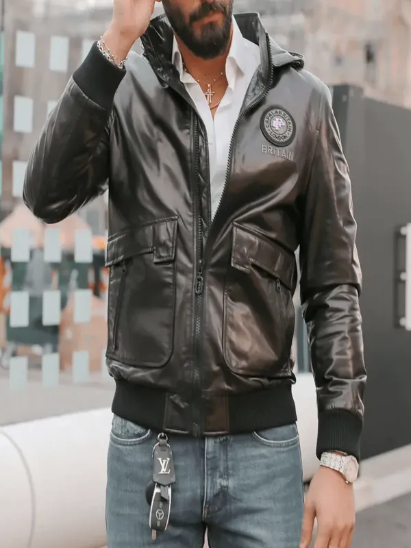 Trendy Genuine Goatskin Hooded Leather Bomber Jacket