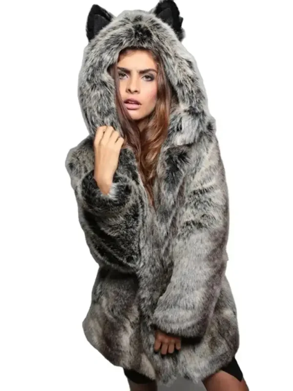 Women's Faux Fur Panda Ear Grey Hooded Jacket