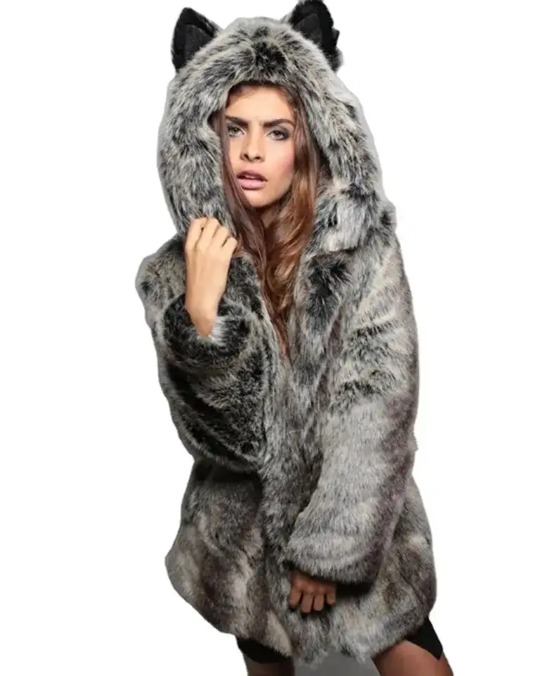 Women's Faux Fur Panda Ear Grey Hooded Jacket