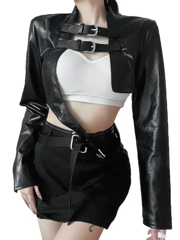 Women's Black Faux Leather Irregular Cropped Jacket With Long Sleeves .