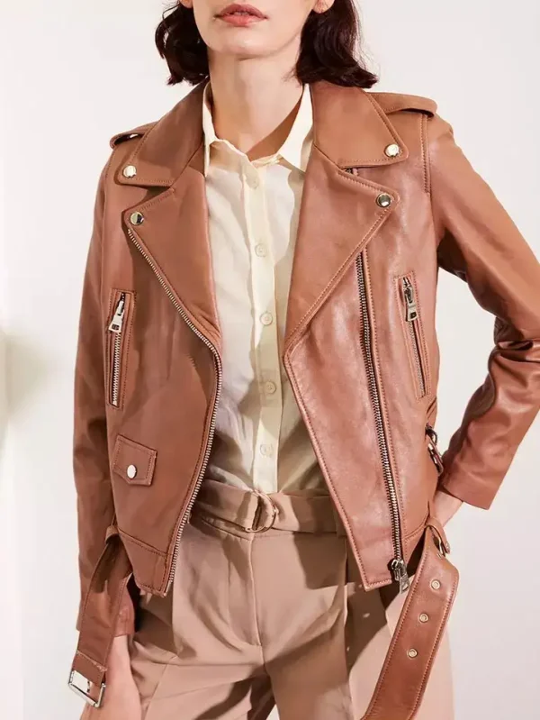 Women's Light Chocolate Real Leather Biker Jacket