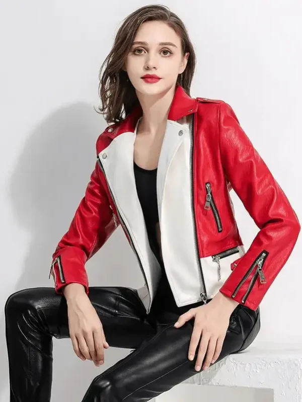 Women's White & Red Faux Leather Biker Jacket