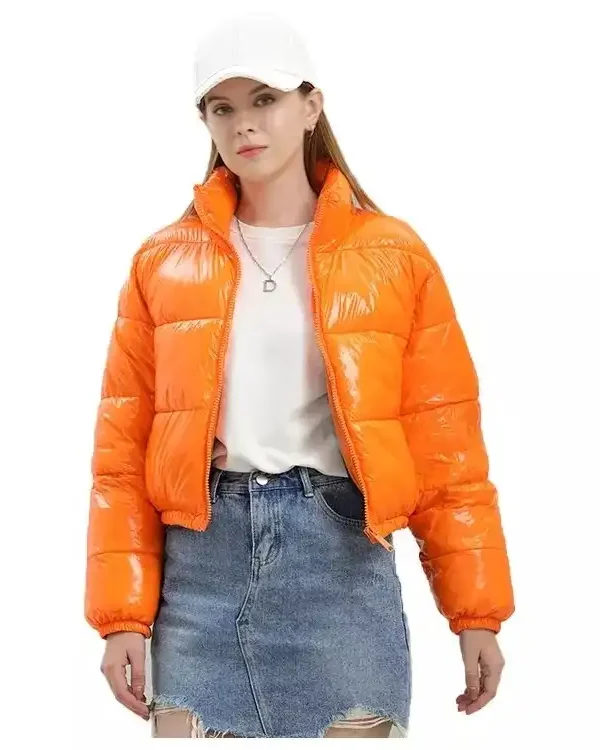 Women's Orange Shiny Puffer Jacket