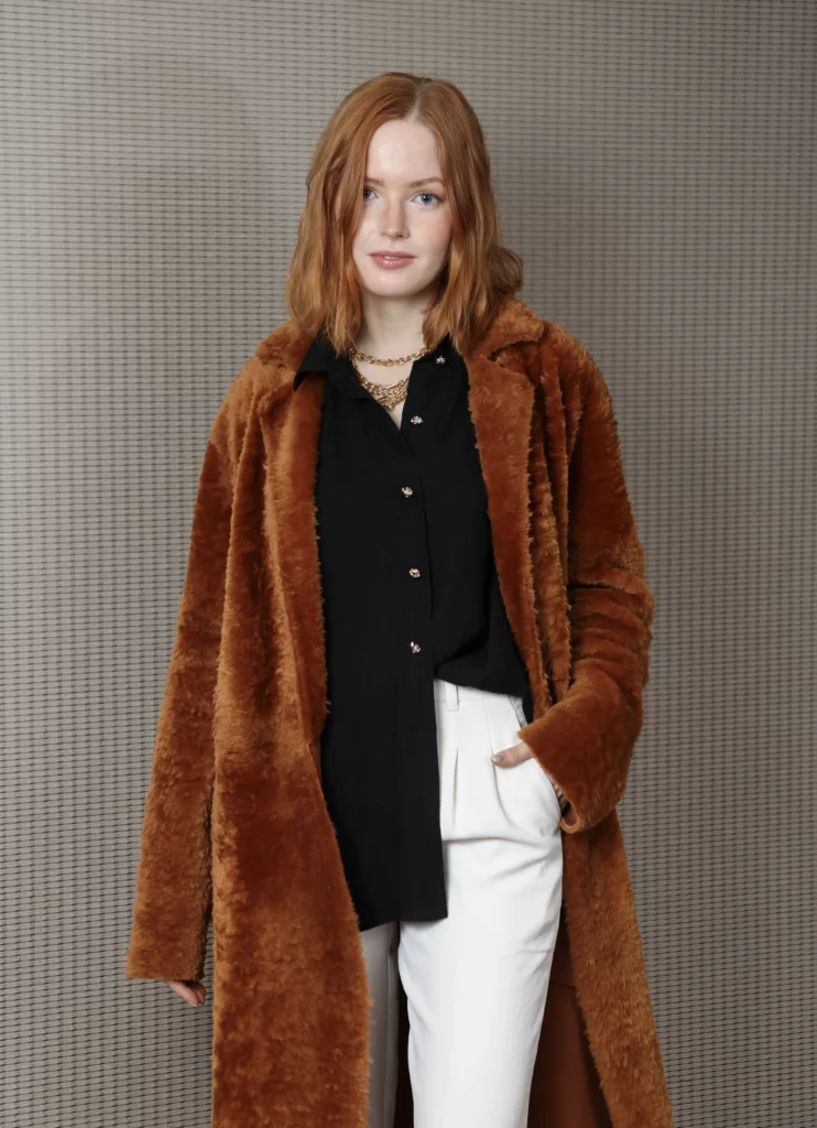 Actress Ellie Bamber Fluffy Fur Coat