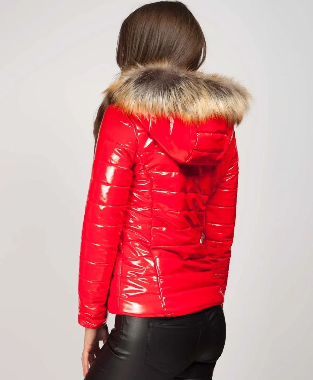 Fur Hood Shiny Red Puffer Jacket