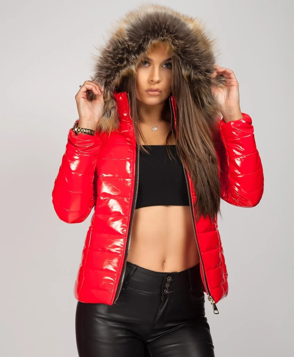 Ladies Fur Hood Shiny Red Puffer Jacket