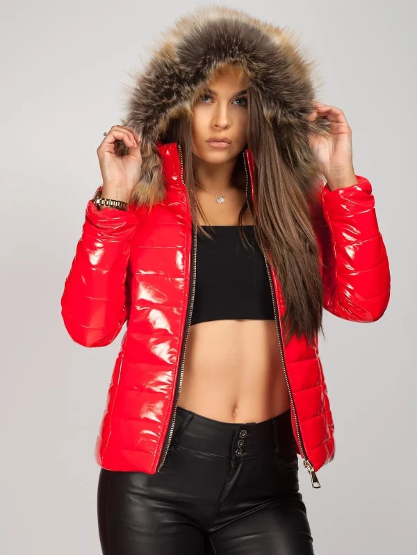 Ladies Fur Hood Shiny Red Puffer Jacket