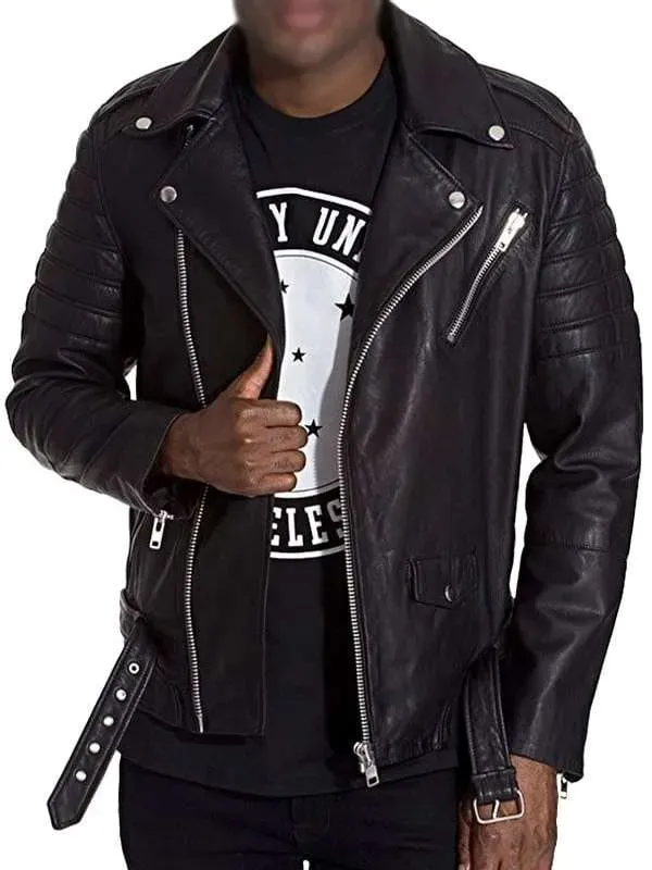 Men Quilted Black Biker Leather Jacket