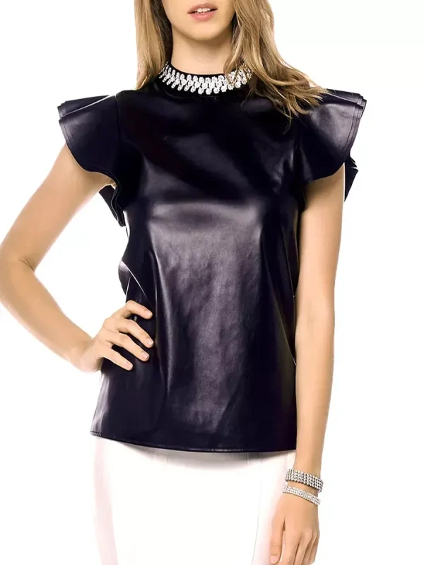 Ruffle Sleeve Faux Leather Top