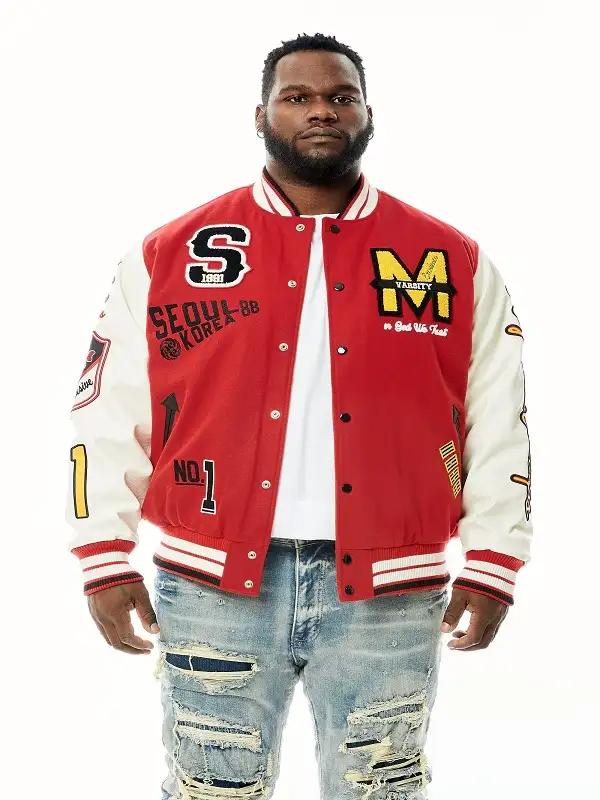 Men's Patchwork Varsity Red Fashion Wool Jacket