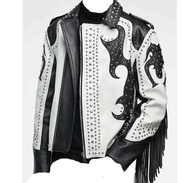 Men's White Fringe Studded Biker Jacket