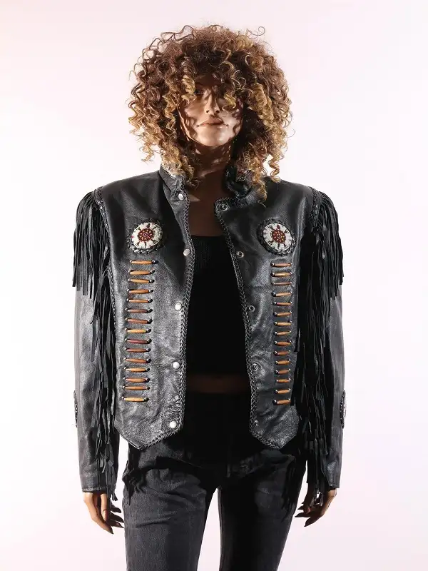 Women's Vintage Black Leather Jacket With Tiger Print On Back