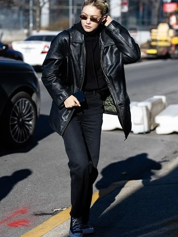 Model Gigi Hadid Black Leather Jacket