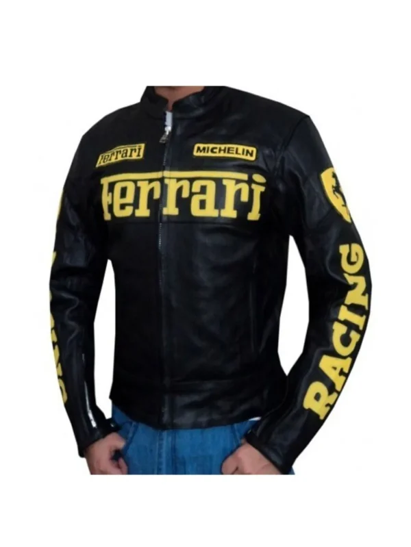 Mens Ferrari Leather Motorcycle Jacket Black