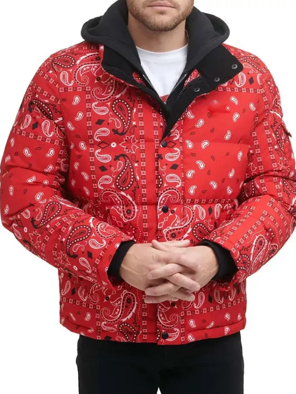 Men Fashion Red Bandana Paisley Puffer Jacket