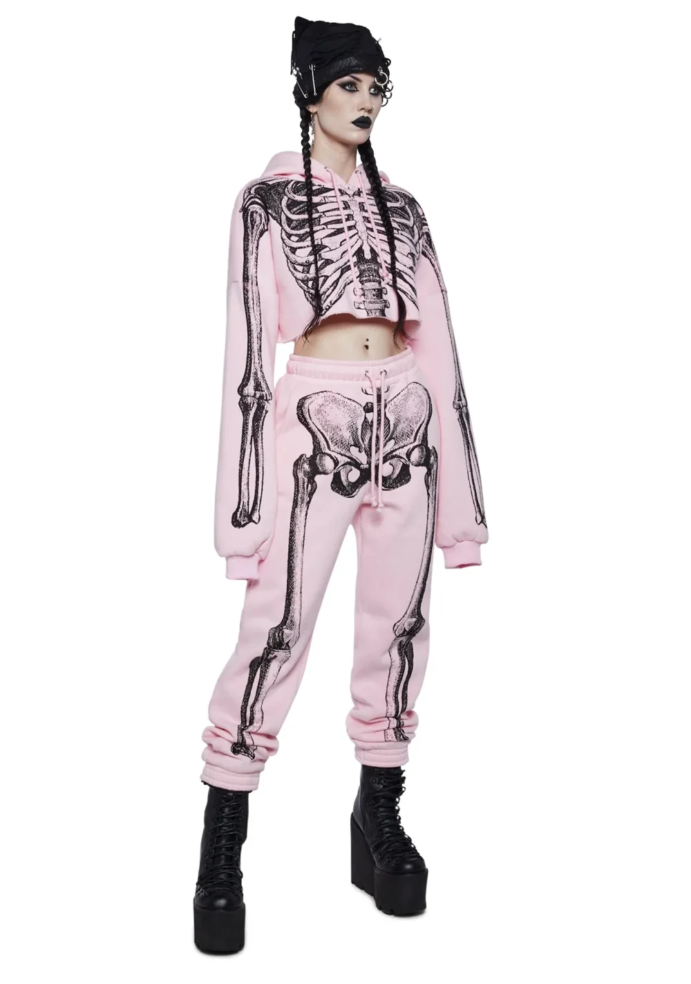 Skeleton Print Pink Cropped Hoodie