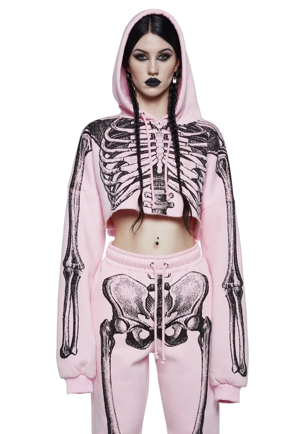 Skeleton Print Pink Cropped Hoodie