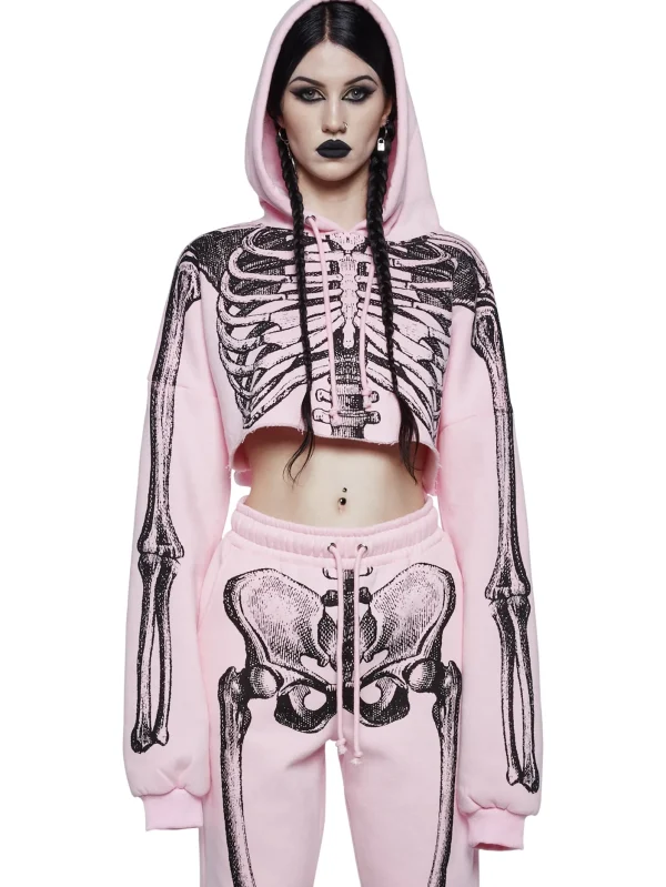 Skeleton Print Pink Cropped Hoodie