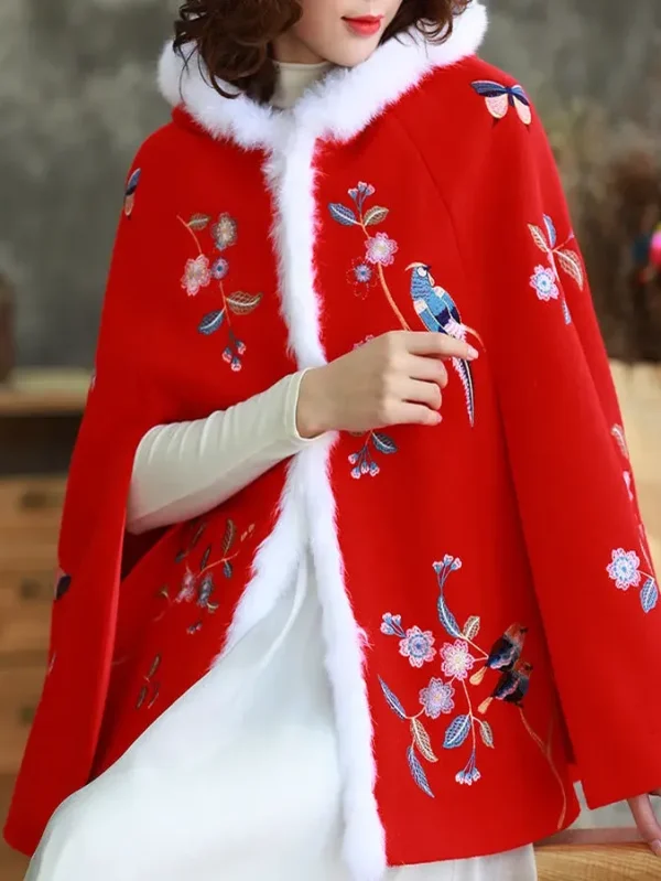 Women Floral and Bird Embroidery Christmas Cape