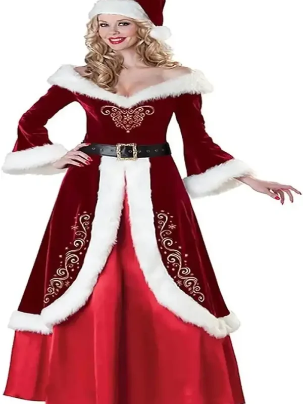 Women's Christmas Dresses Claus Cosplay Costume Festive Red Strapless Embroidered Dress