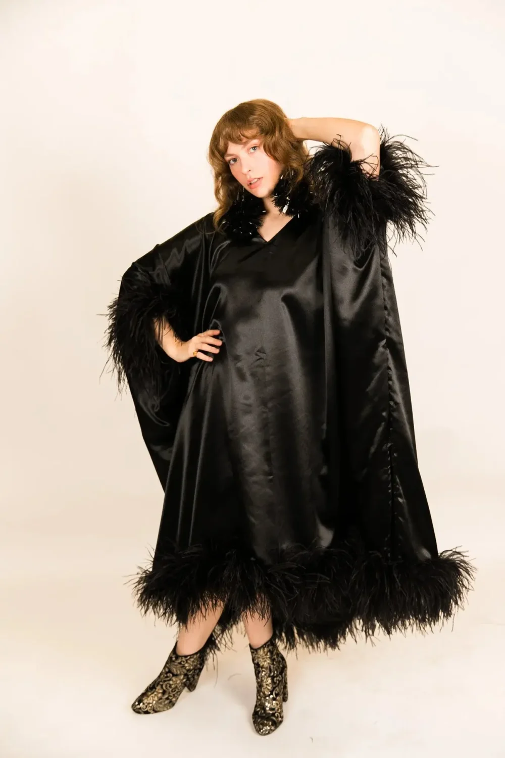 Ostrich Feather Black Caftan Tunic