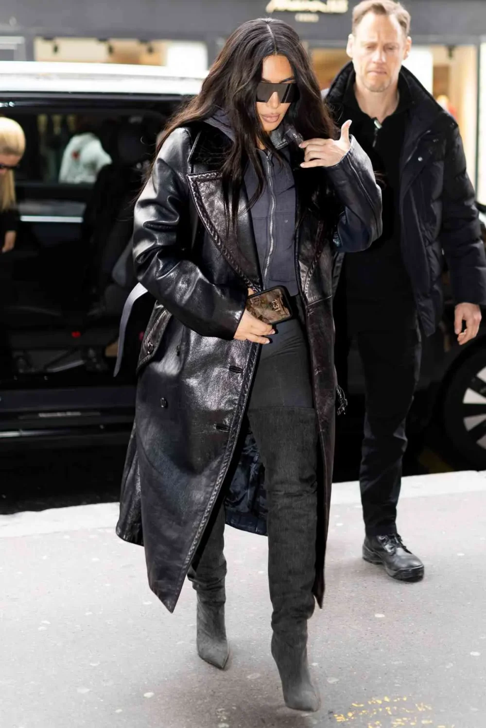 Kim Kardashian Black Leather Coat