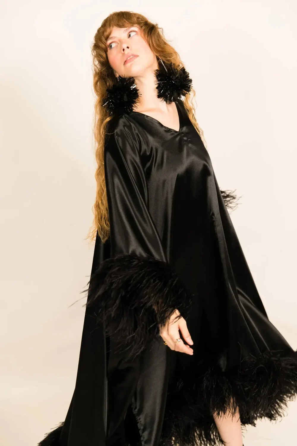 Ostrich Feather Black Caftan Tunic