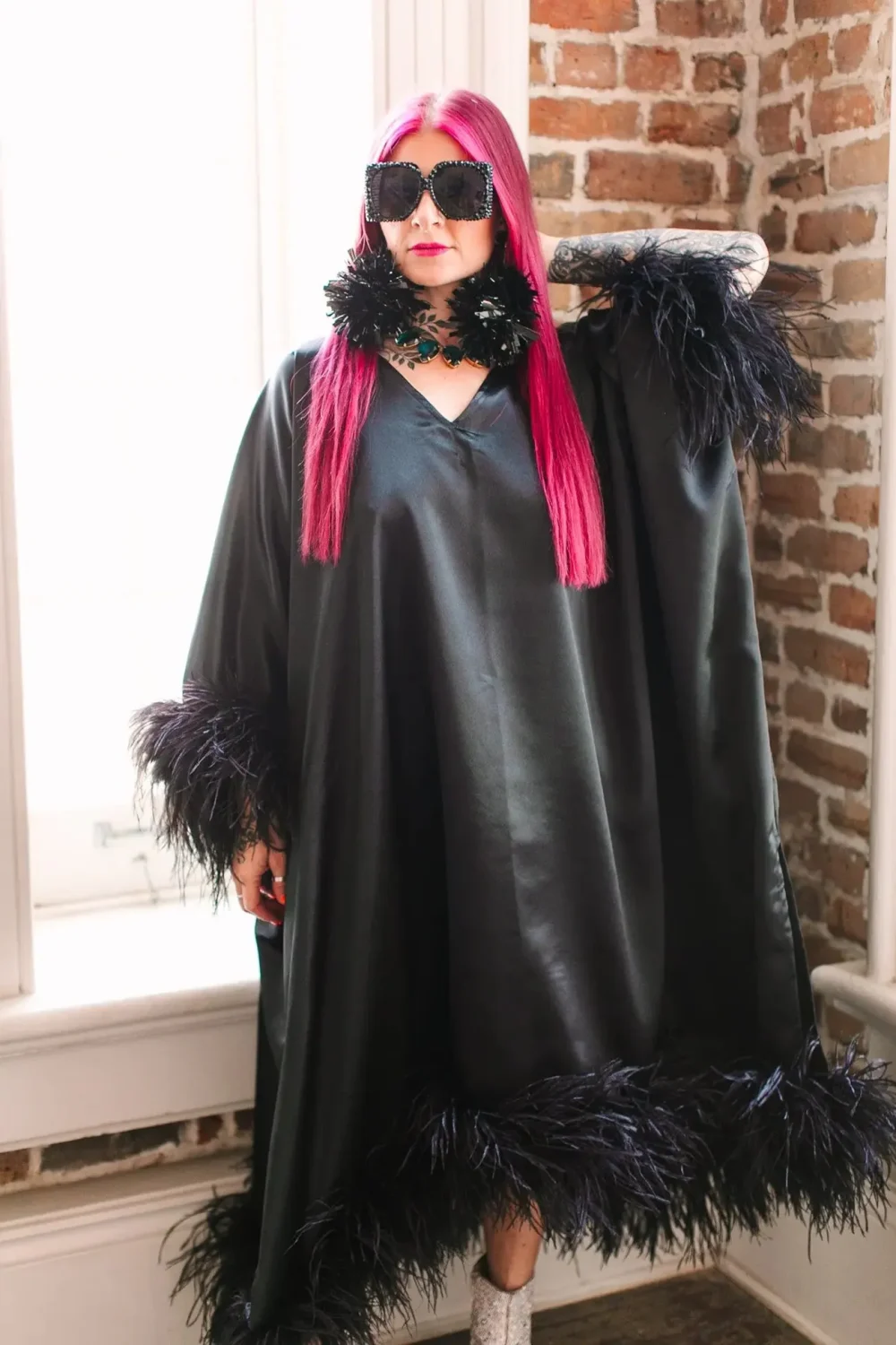 Ostrich Feather Black Caftan Tunic