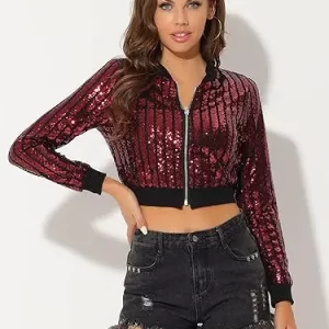 Shiny Zip Up Glitter Sequin Crop Jacket