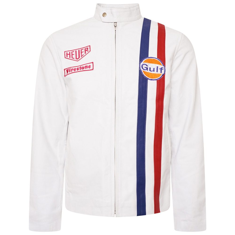 Front view of Steve McQueen Gulf White Leather Jacket