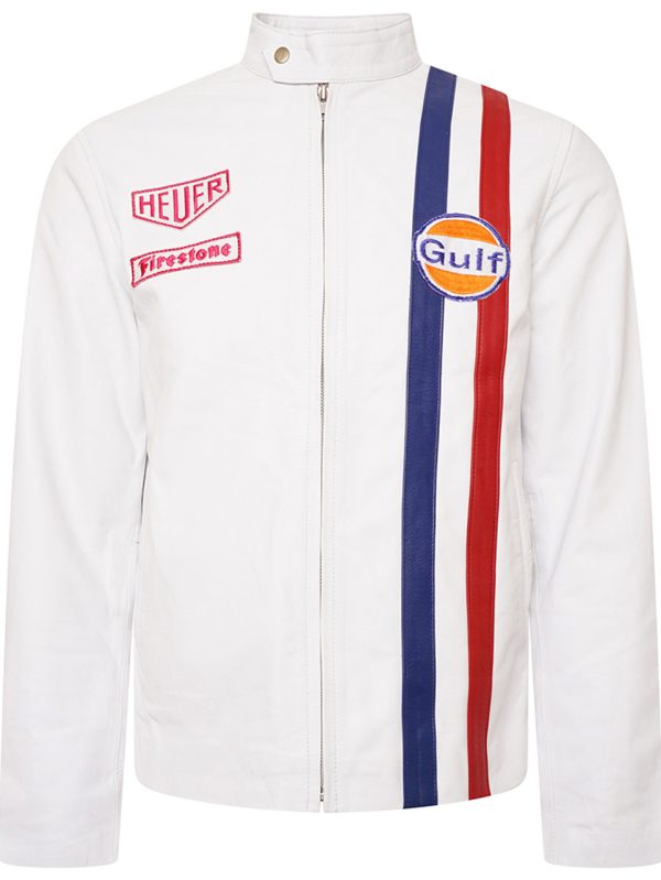 Front view of Steve McQueen Gulf White Leather Jacket